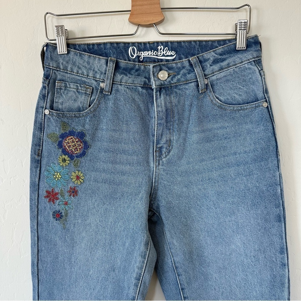 Organic Blue Boho Artsy Embroidered Floral Straight Leg High Rise Jeans Size 7 - Picture 2 of 12